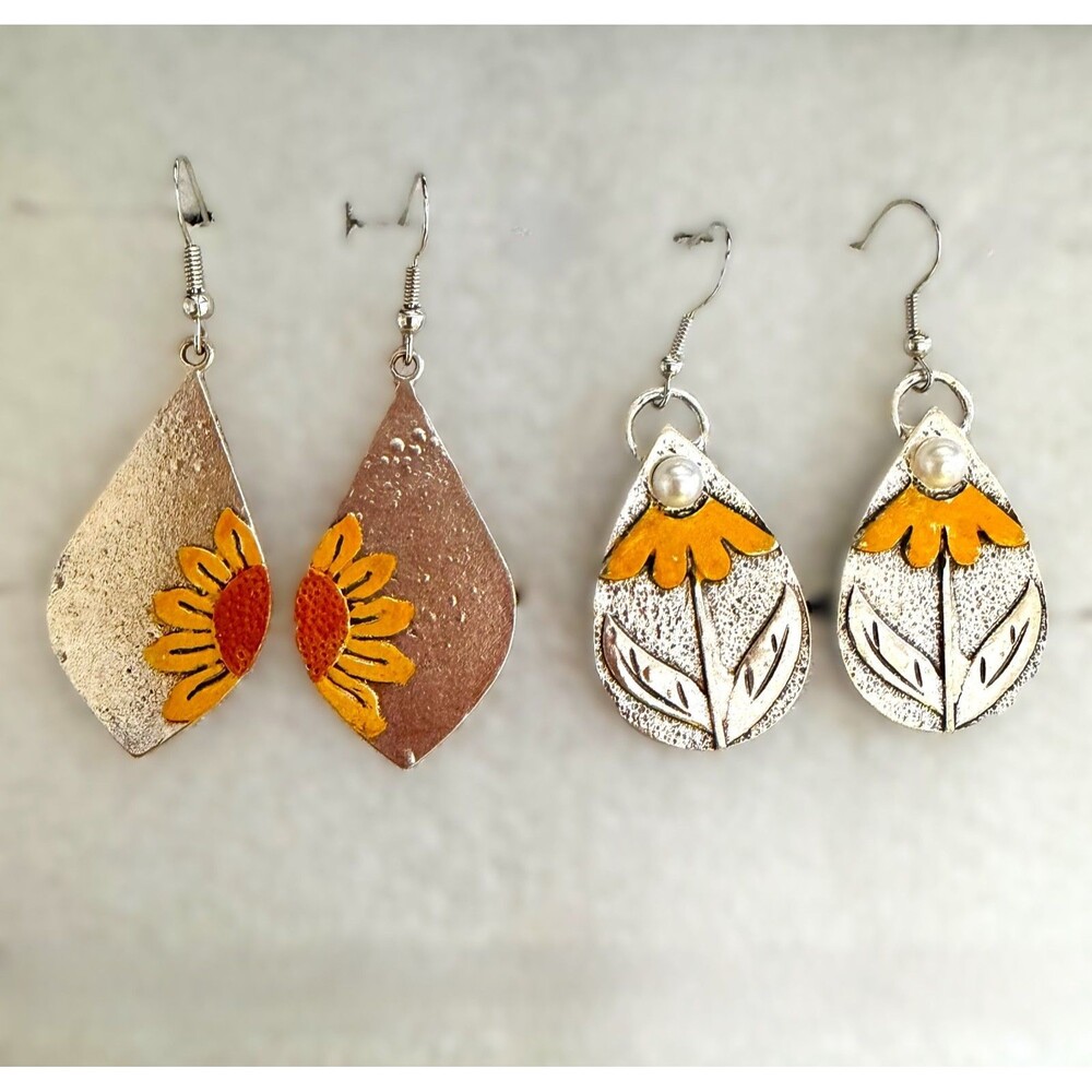 Sunflower Drop Earrings Lot • 2 Pairs Silver Tone Boho Floral Dangle Set